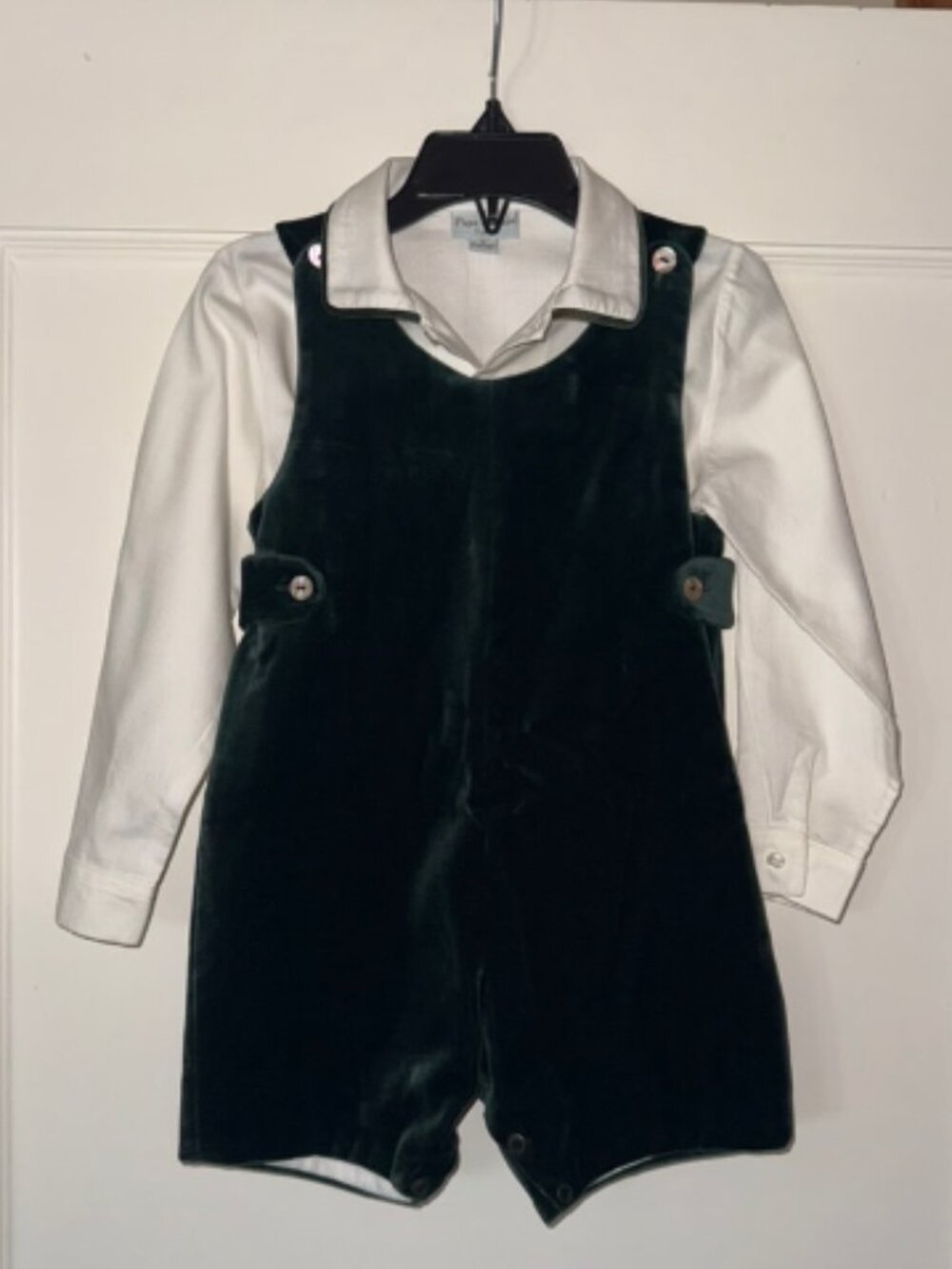 Papo D'Anjo Green Velvet Shortall One-Piece Romper Set w/ Shirt Sz 3